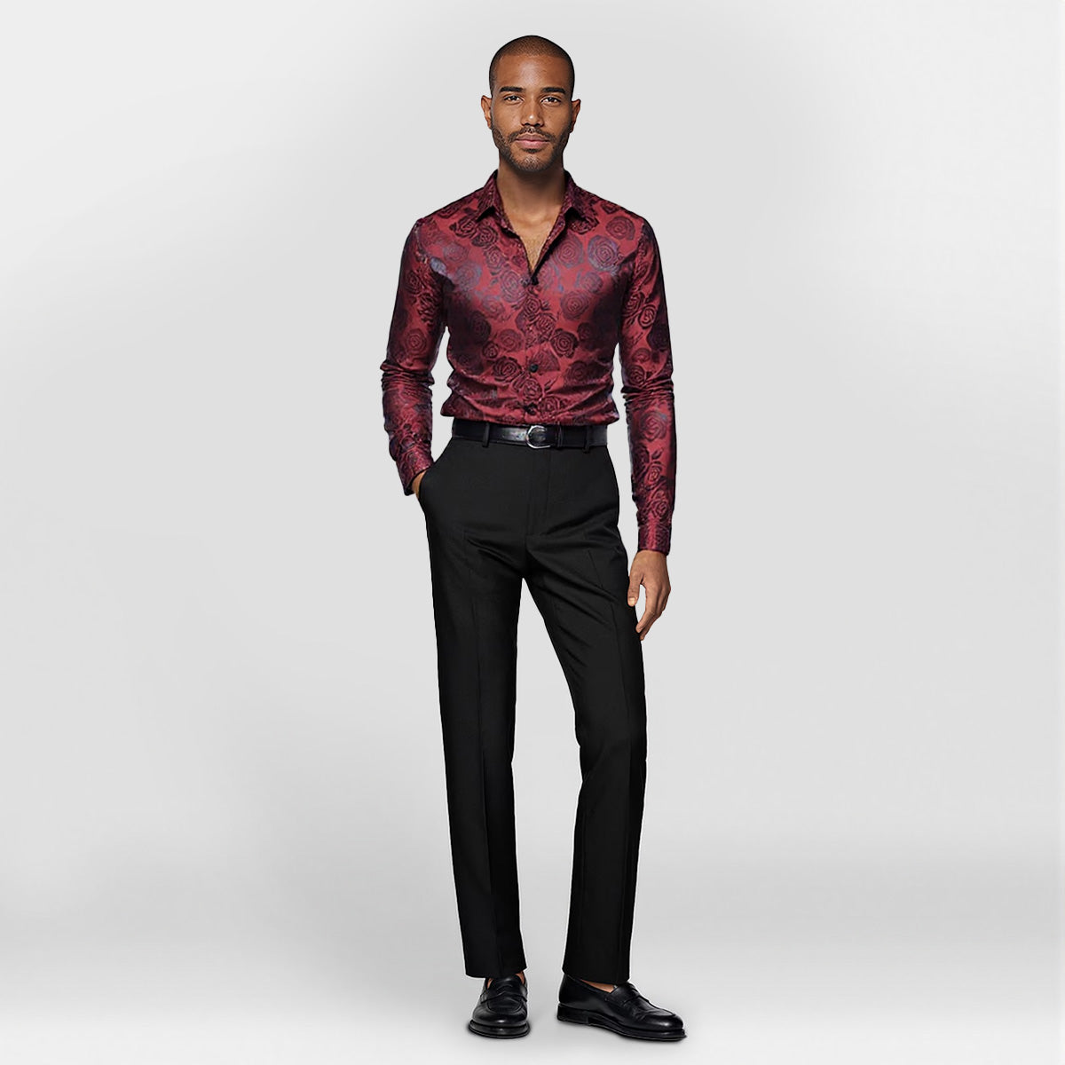 Men's Slim Fit Rose Printed Fashion Casual Shirt Red - Cloudstyle