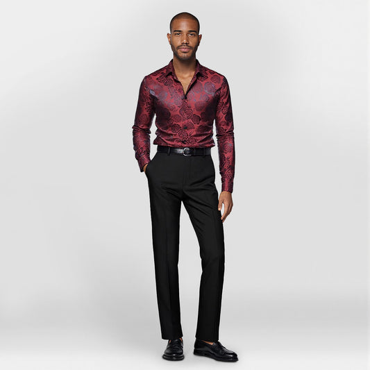 Men's Slim Fit Rose Printed Fashion Casual Shirt Red - Cloudstyle