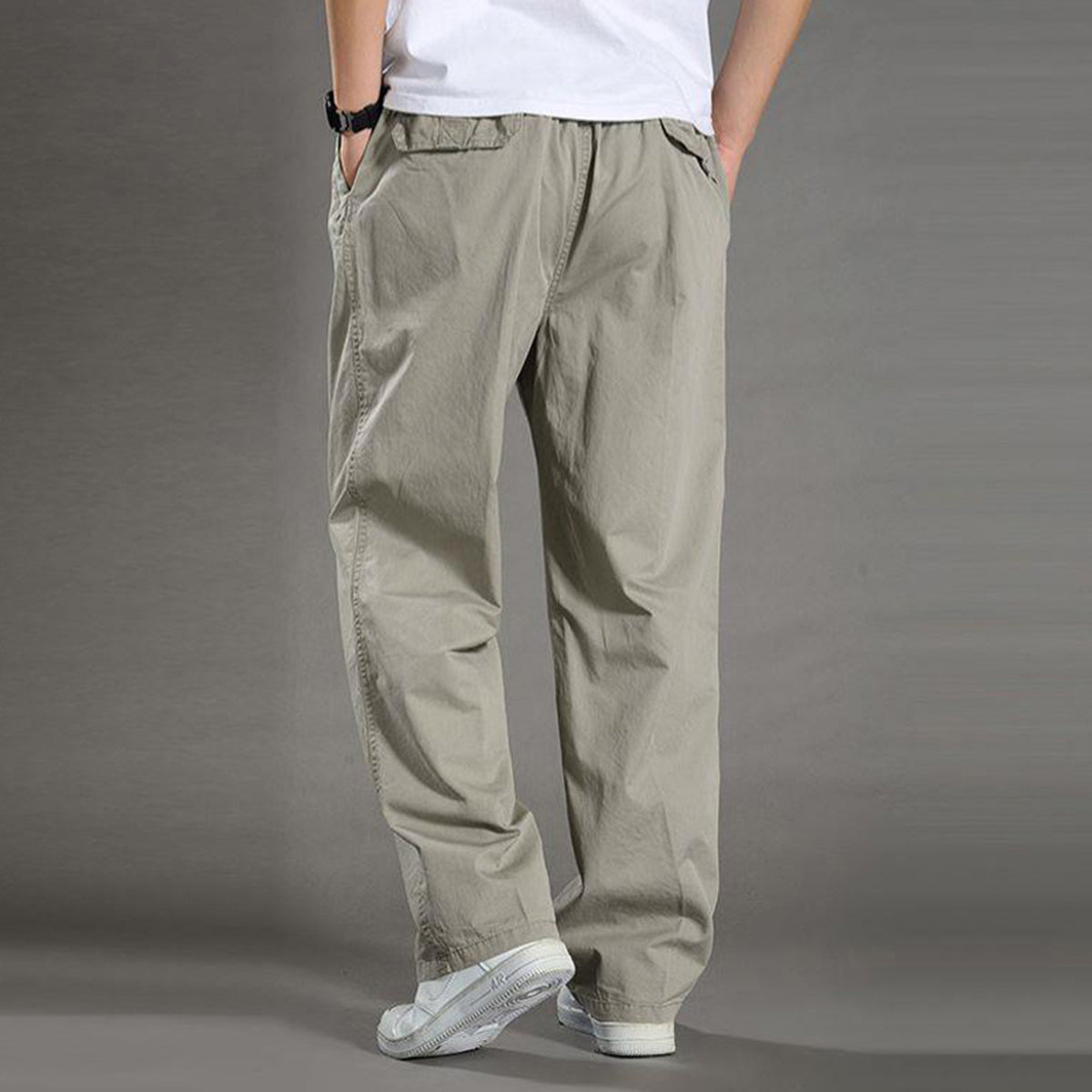Men's Solid High-Waisted Straight-Leg Loose Casual Pants Khaki