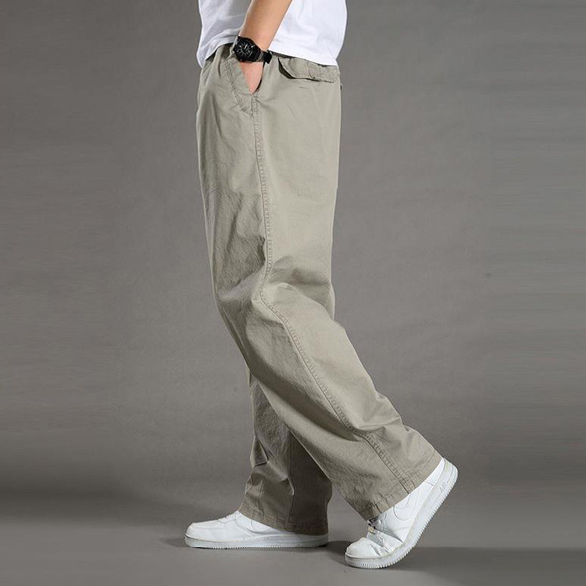 Men's Solid High-Waisted Straight-Leg Loose Casual Pants Khaki