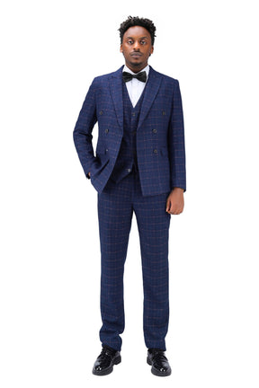 3-Piece Slim Fit Double Breasted Suit Plaid Blue Suit
