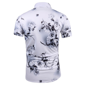 Trendy Men's Printed Short-Sleeve Floral Shirt Ink White