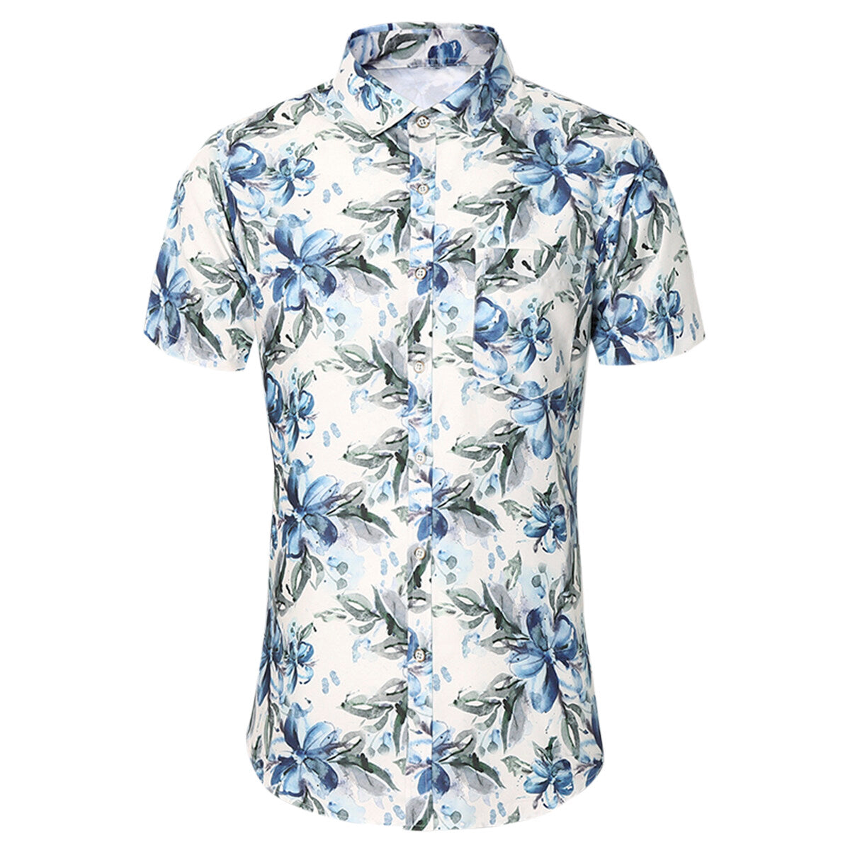 Men's Printed Short-Sleeve Blue Flower Casual Shirts White