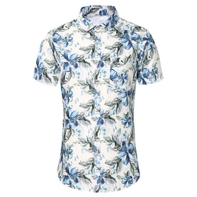 Men's Printed Short-Sleeve Blue Flower Casual Shirts White