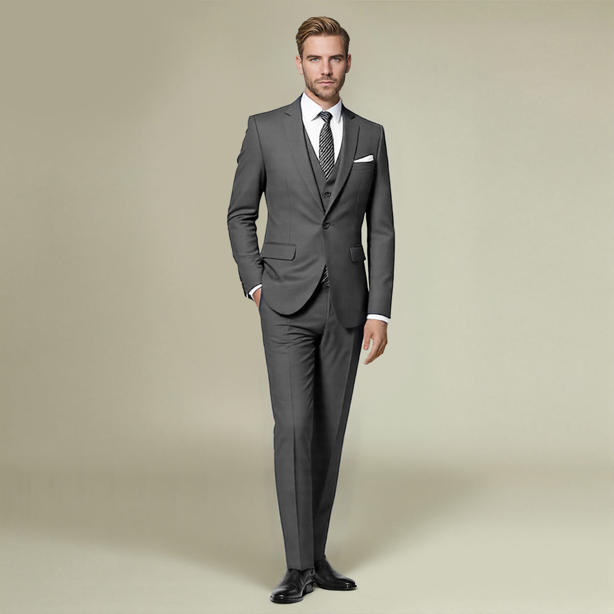 3-Piece Notched Lapel Casual Grey Suit -Cloudstyle