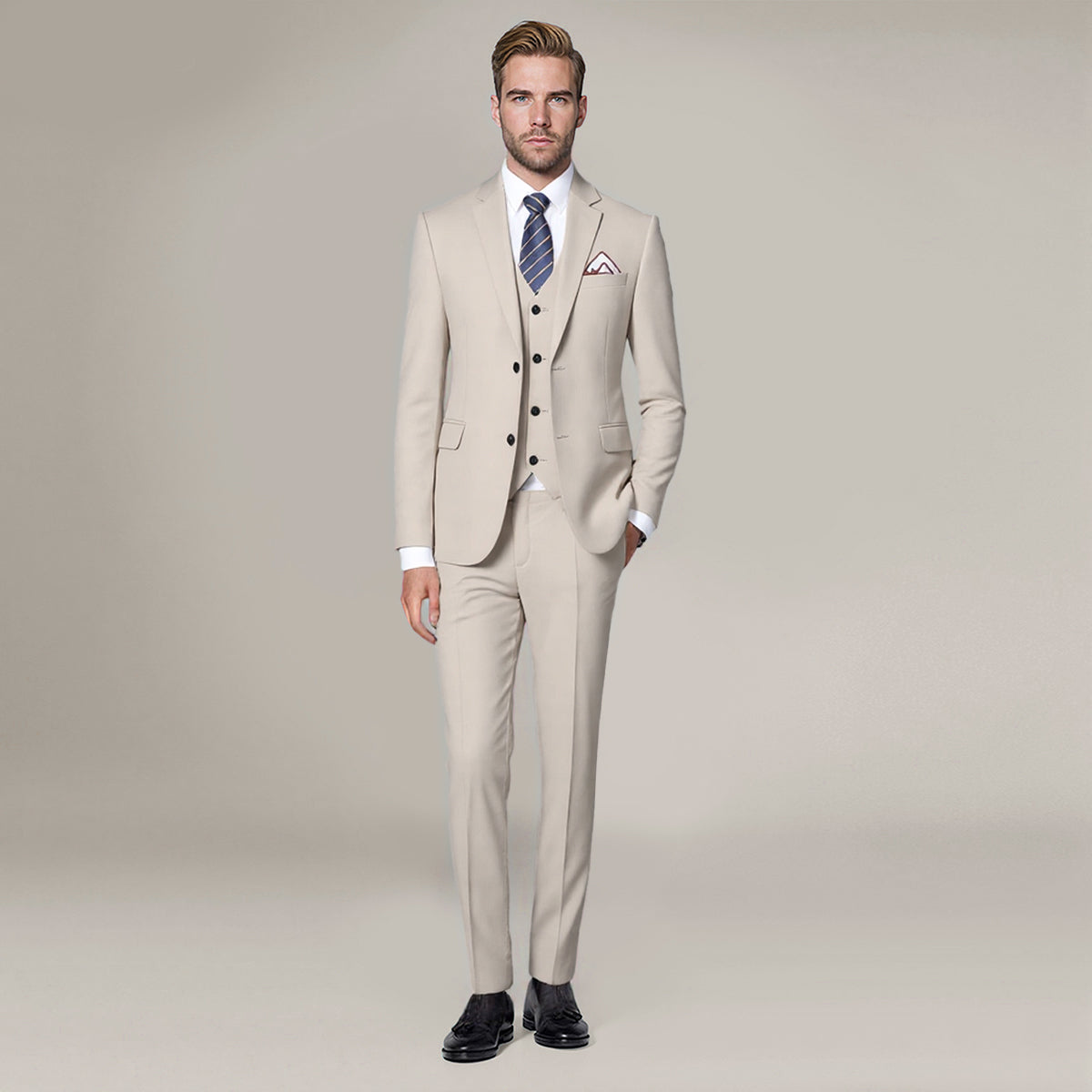 3-Piece One Button Formal Suit Beige Suit-Cloudstyle M 3-Piece One Button Formal Suit Beige Suit-Cloudstyle M