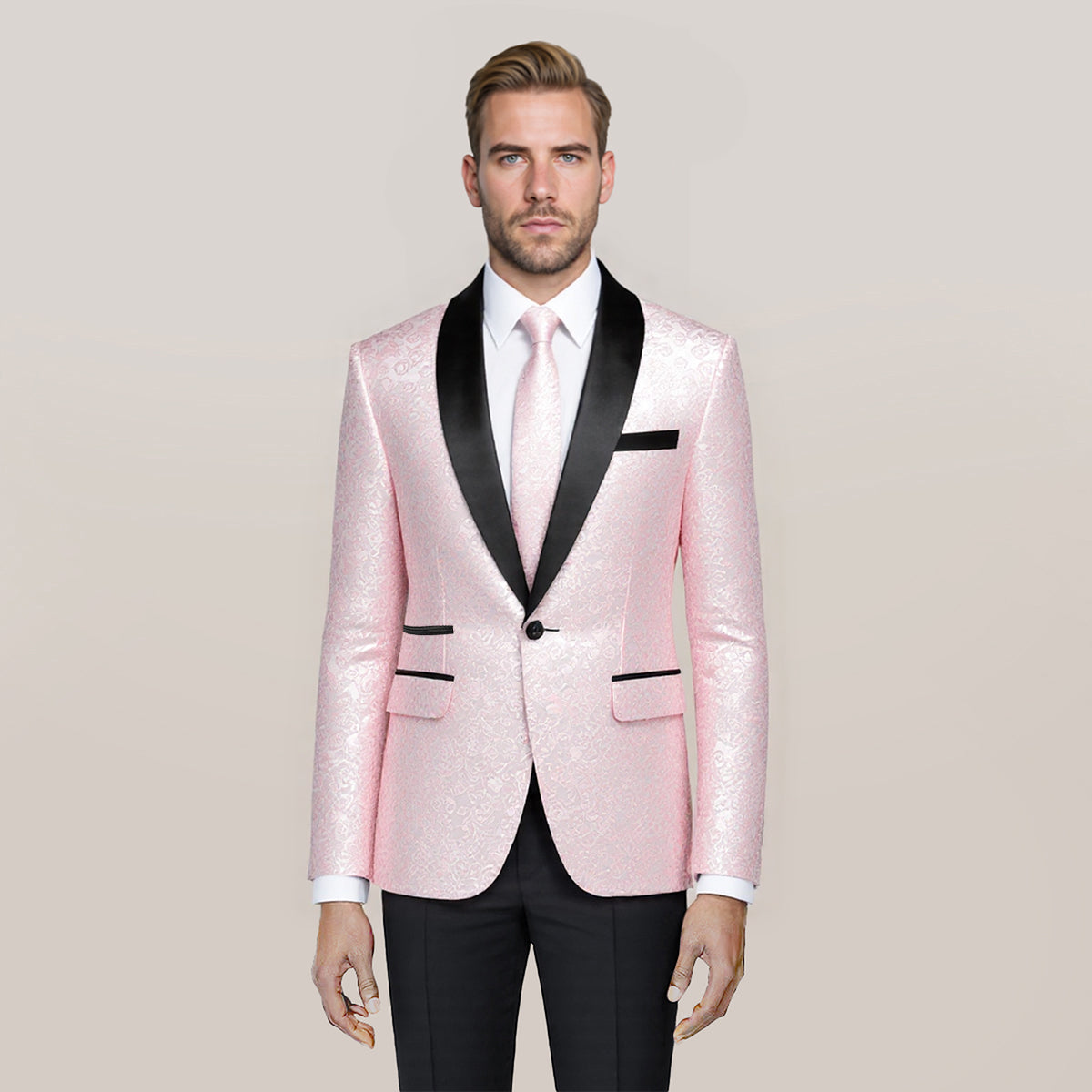 Men's Floral Jacquard Dress Suit Jacket Printed Tux Blazer Pink - Cloudstyle
