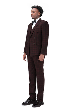 3-Piece Slim Fit Double Breasted Suit Plaid Red Suit