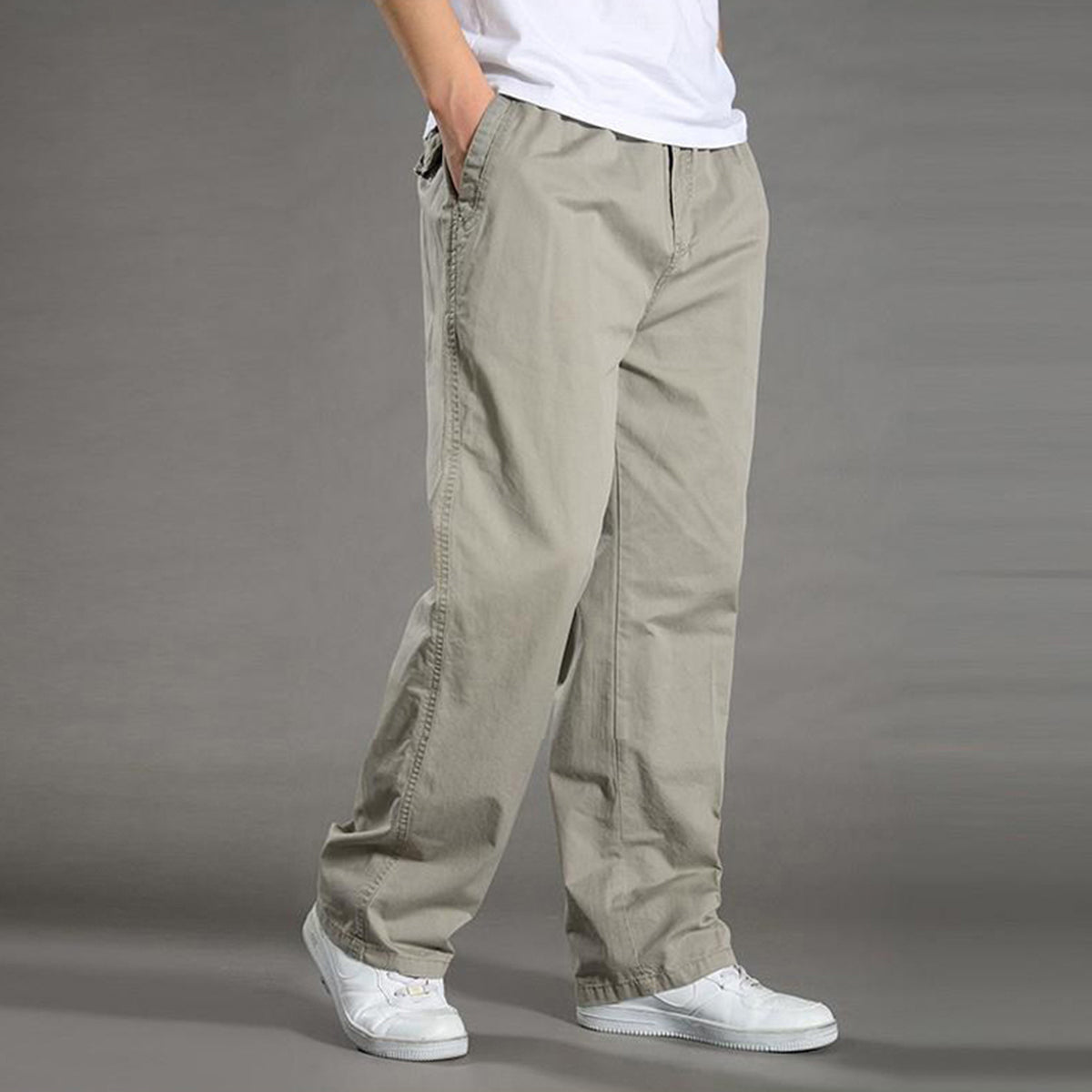 Men's Solid High-Waisted Straight-Leg Loose Casual Pants Khaki