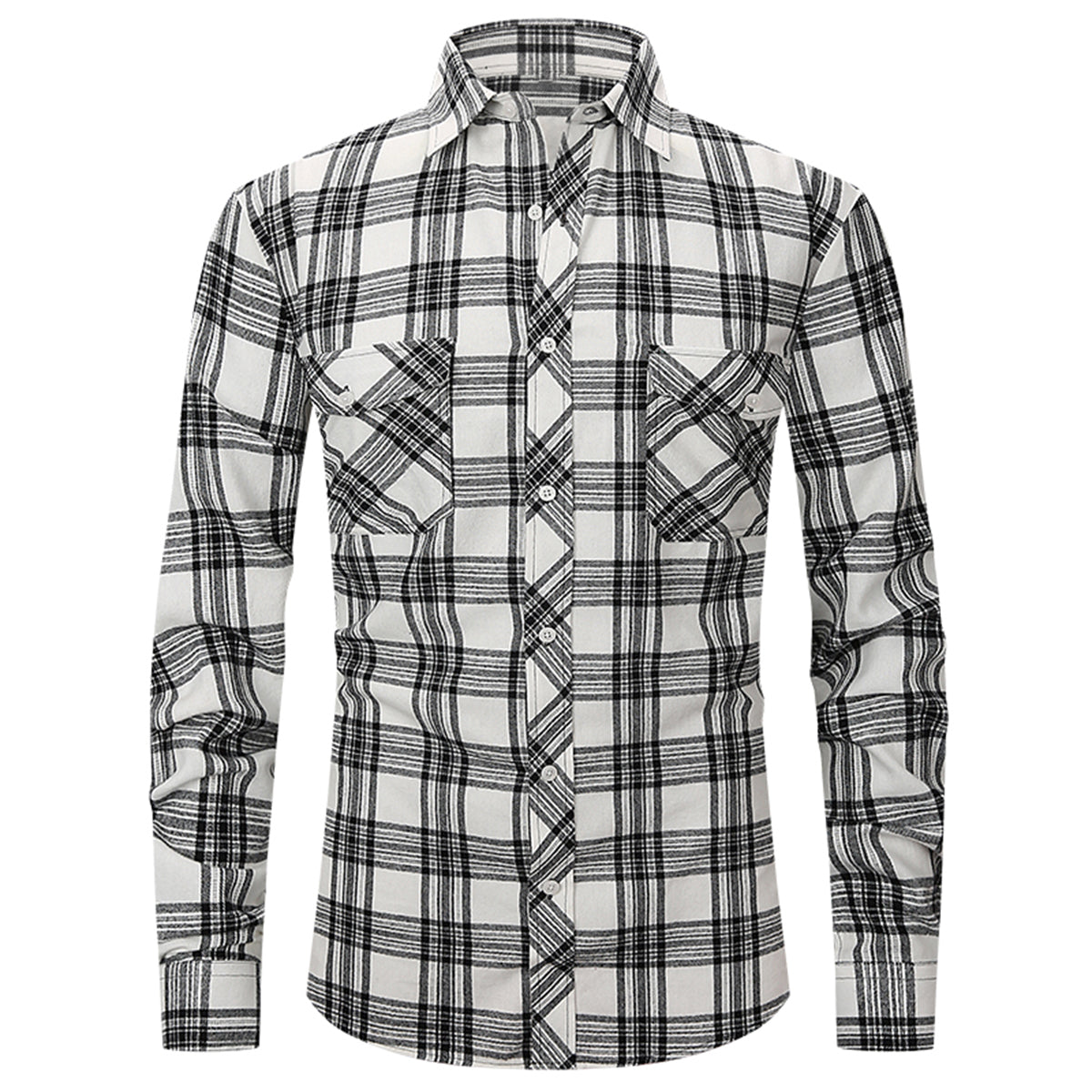 Men's Lapel Paid Long-sleeved Shirt Green and Black