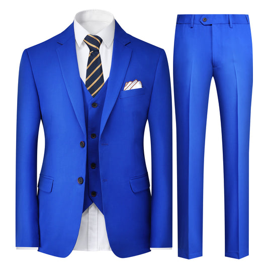 3-Piece Men's Solid 2-Button Suit Royal Blue - Cloudstyle