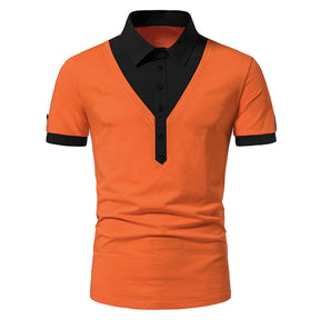 Men's Colorful Patchwork Polo Neck Short Sleeve T-Shirt Orange