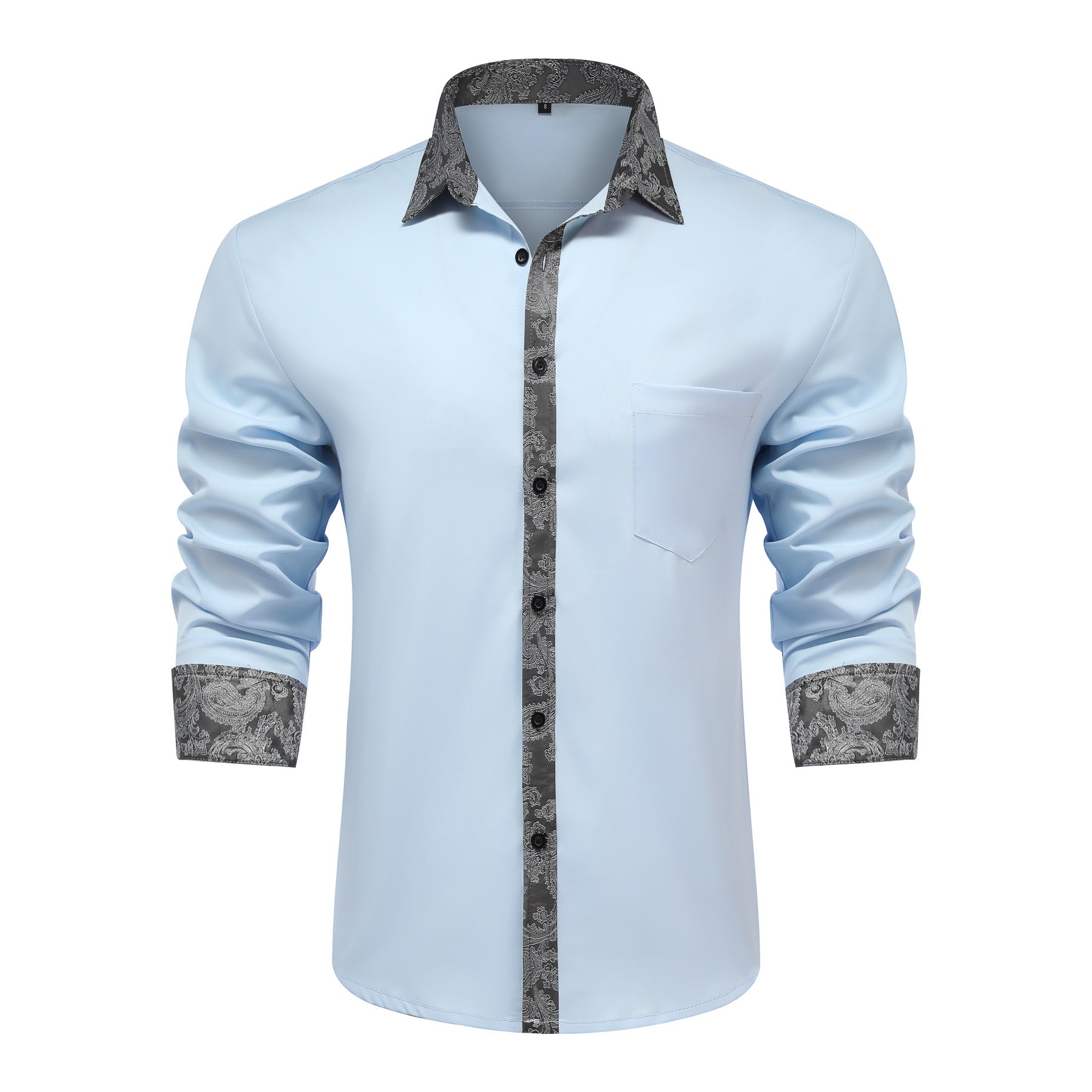 Men's long-sleeved casual shirt with a sky blue lapel and gray collar
