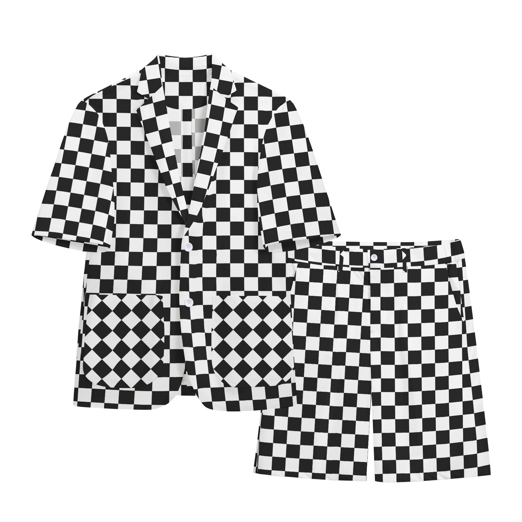 2-Piece Men's Printed Black and White Plaid Short Suit Set