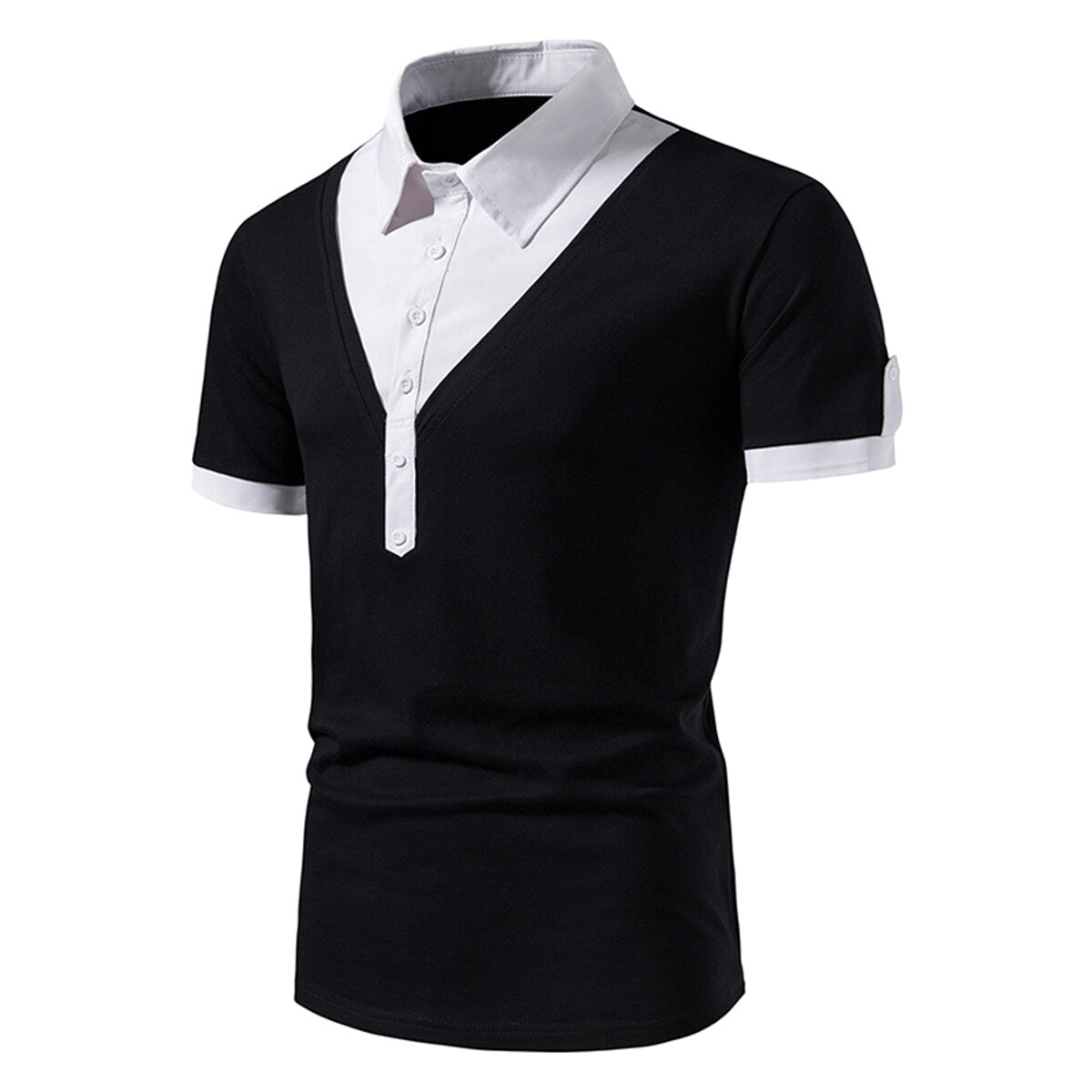 Men's Colorful Patchwork Polo Neck Short Sleeve T-Shirt Black
