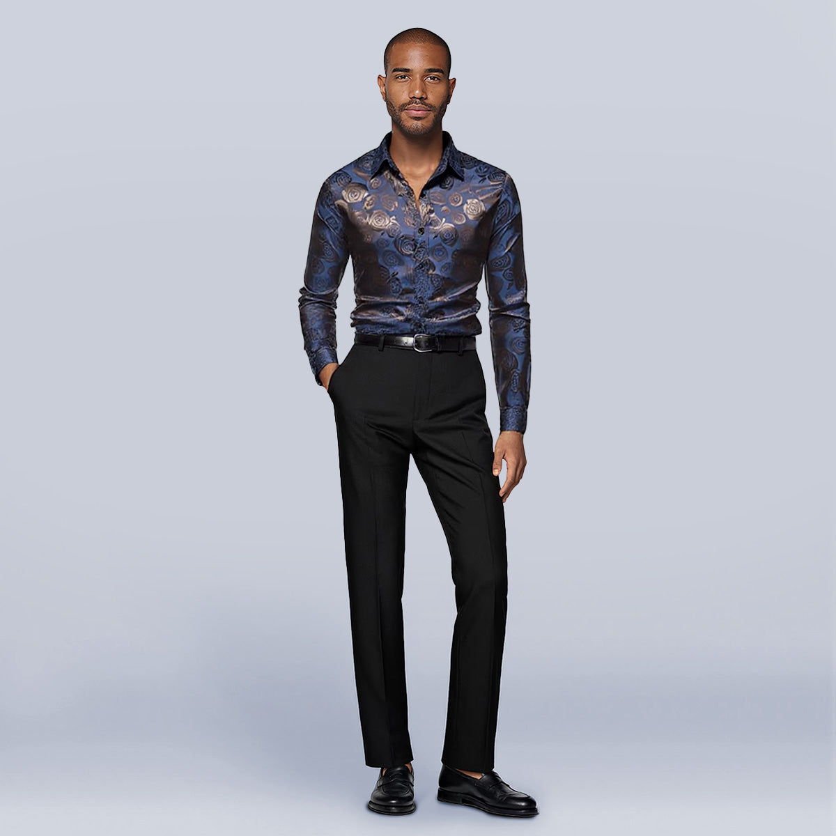 Men's Slim Fit Rose Printed Fashion Casual Shirt Blue - Cloudstyle
