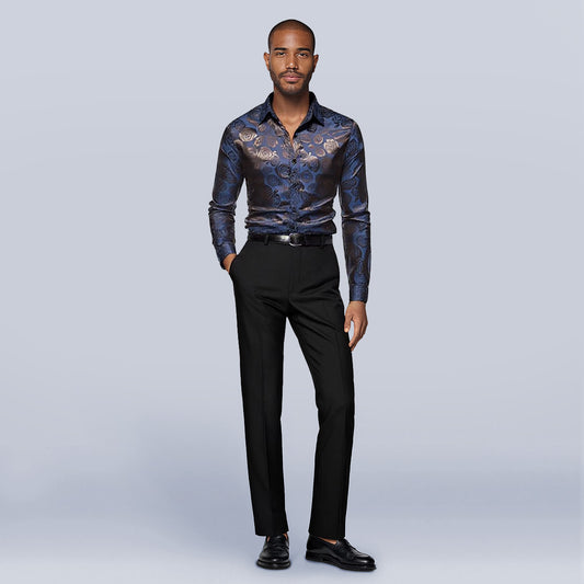 Men's Slim Fit Rose Printed Fashion Casual Shirt Blue - Cloudstyle