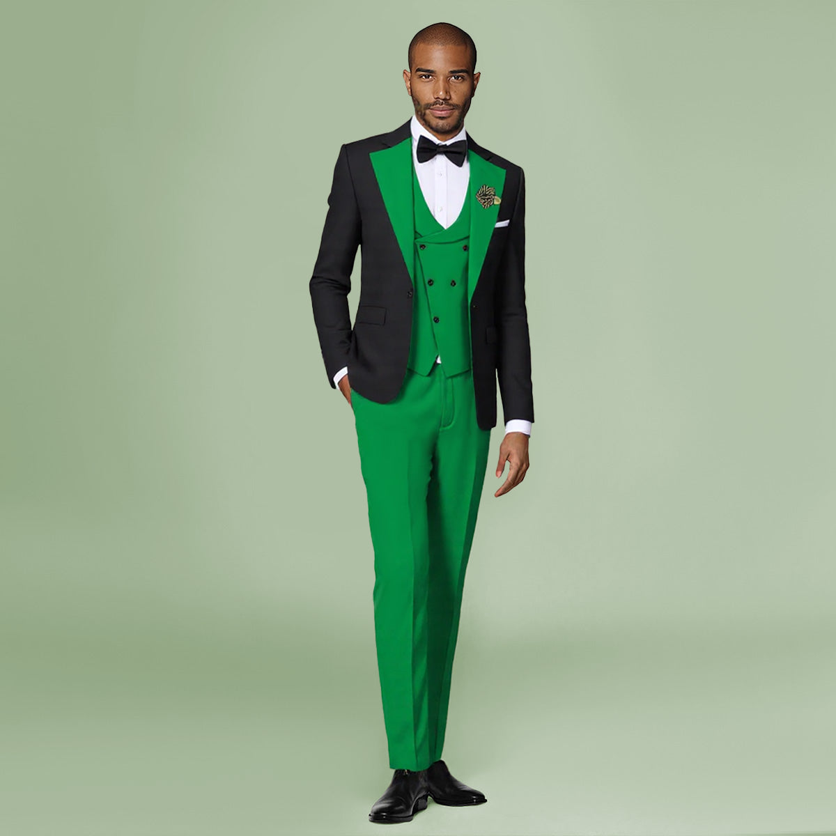 Men's 3-Piece Fashion One Button Color-Blocking Suit Green - Cloudstyle