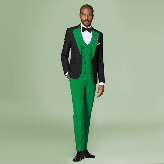 Men's 3-Piece Fashion One Button Color-Blocking Suit Green - Cloudstyle