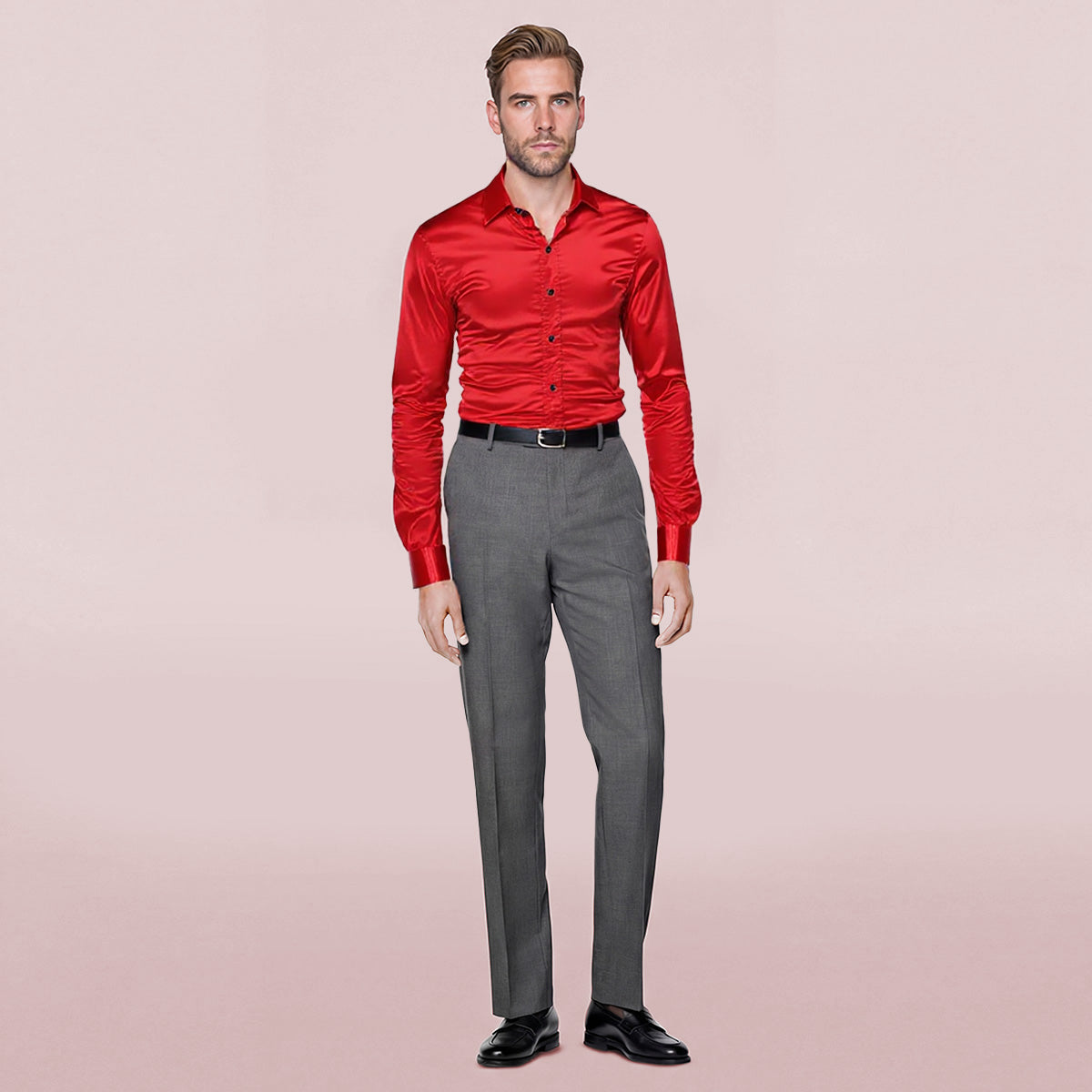 Men's Casual Fashion Shiny Long Sleeve Lapel Shirt Red - Cloudstyle