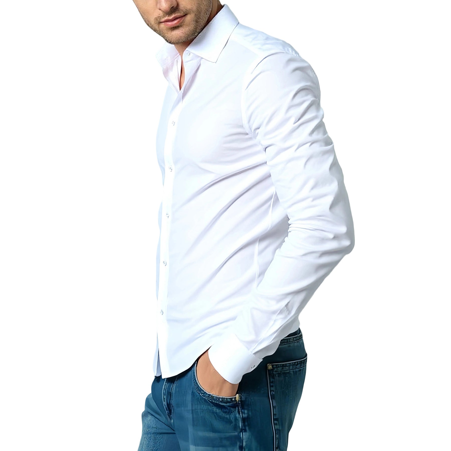 Men's Solid Square Neck Fitted Business Long-Sleeved Shirt Pink