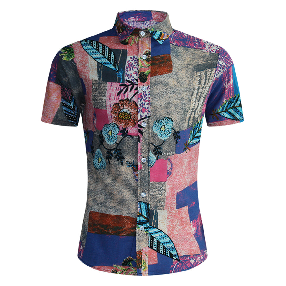 Stylish Men's Floral Print Collar Short Sleeve Shirt