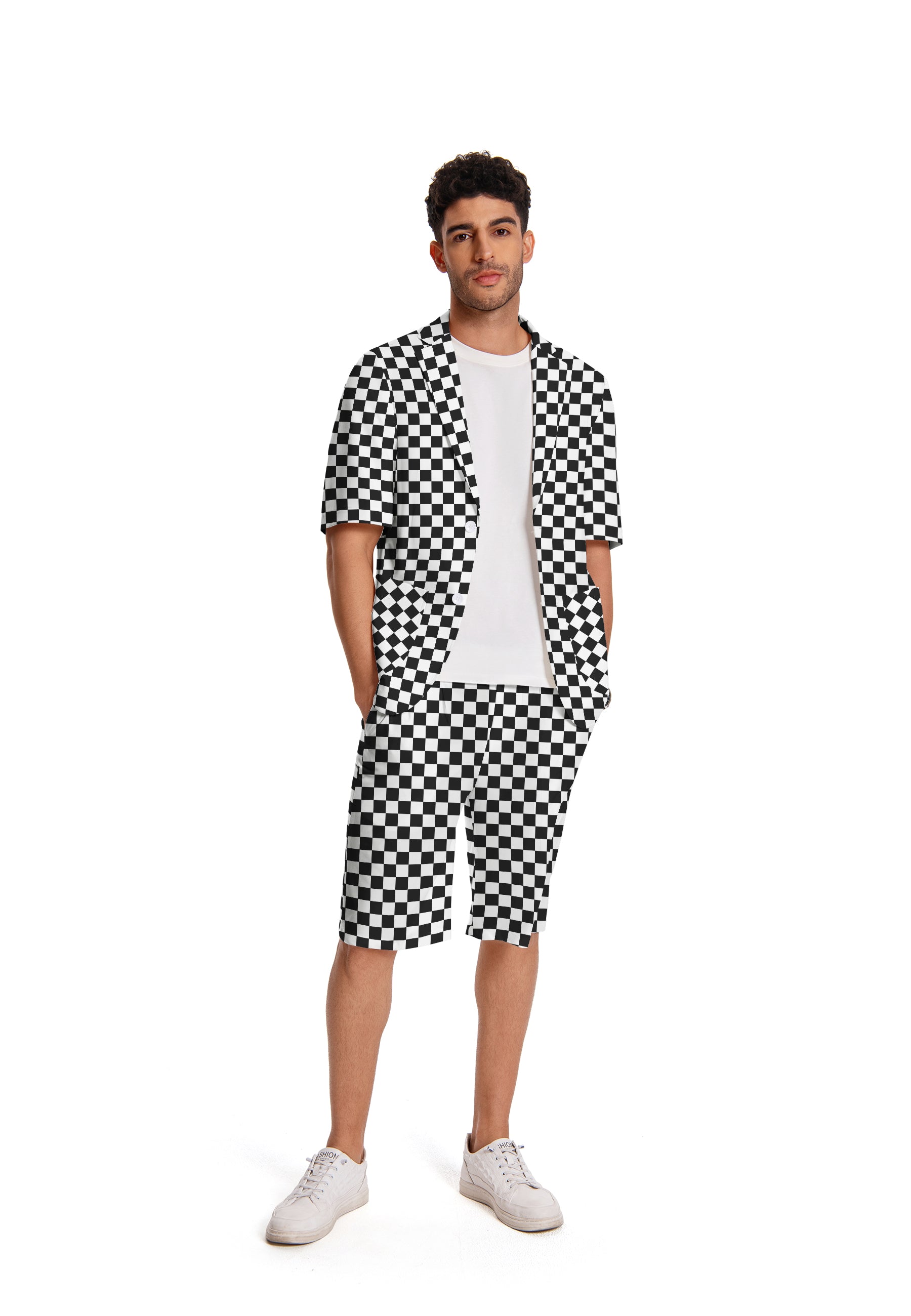 2-Piece Men's Printed Black and White Plaid Short Suit Set
