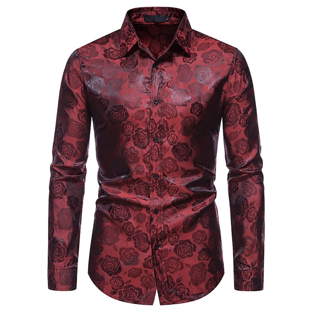 Men's Slim Fit Rose Printed Fashion Casual Shirt Red - Cloudstyle