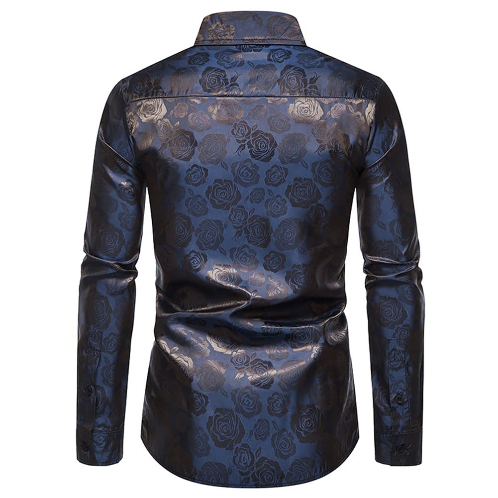 Men's Slim Fit Rose Printed Fashion Casual Shirt Blue - Cloudstyle