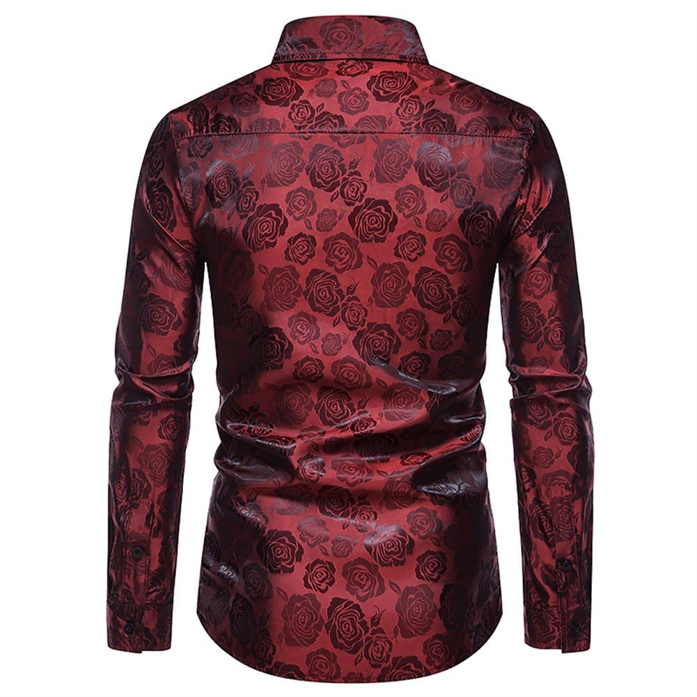 Men's Slim Fit Rose Printed Fashion Casual Shirt Red - Cloudstyle