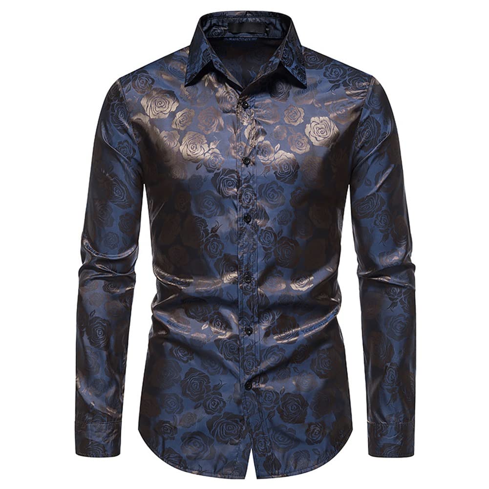 Men's Slim Fit Rose Printed Fashion Casual Shirt Blue - Cloudstyle
