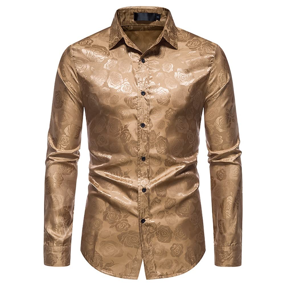 Men's Slim Fit Rose Printed Fashion Casual Shirt Khaki - Cloudstyle