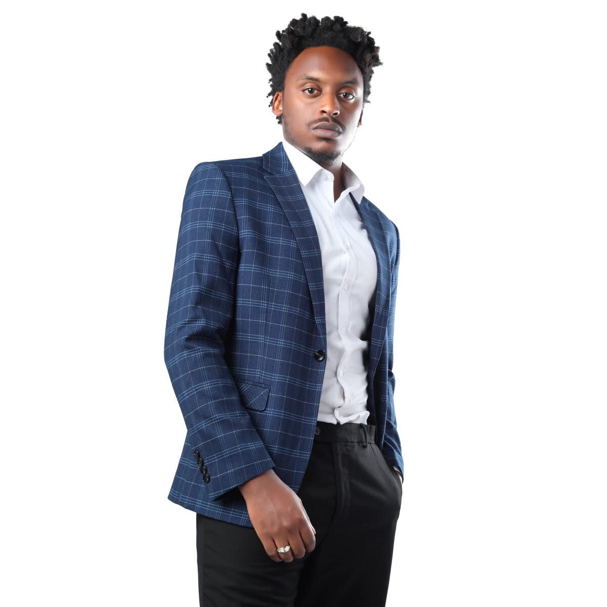 Mens Plaid Suit Blazer Slim 1 Button Wedding Prom Sport Coat Jacket Navy