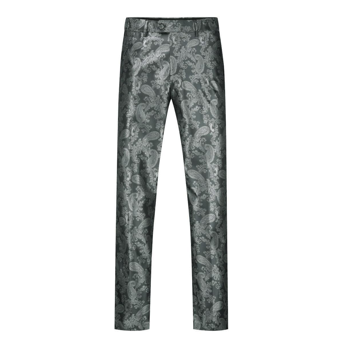 Men's Stylish Paisley Flat Front Casual Jacquard Dress Suit Pants Grey