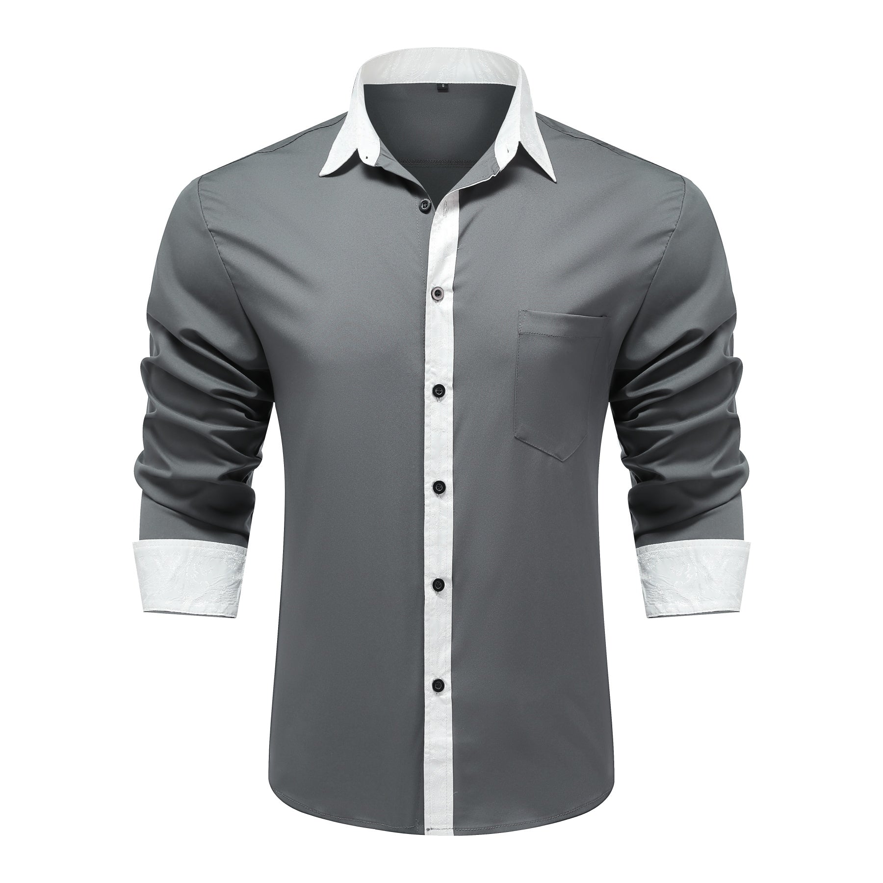 Men's long-sleeved casual shirt with a sky blue lapel and gray collar