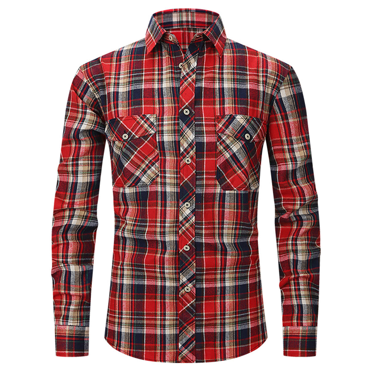 Men's Lapel Paid Long-sleeved Shirt Green and Black