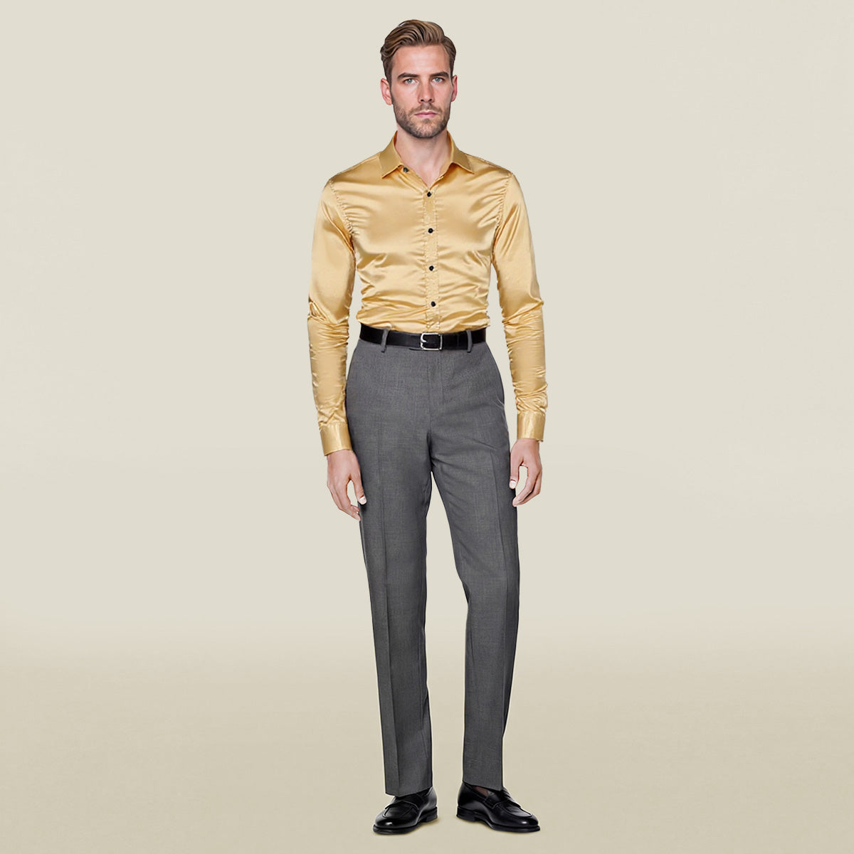 Men's Casual Fashion Shiny Long Sleeve Lapel Shirt Gold - Cloudstyle
