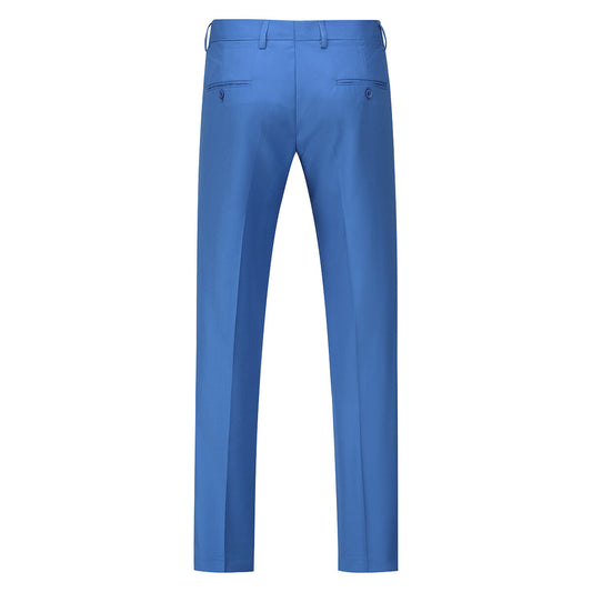 Regatta Blue # Men's slim fit 3-piece one-button formal suit with peaked lapel and single-breasted closure, regatta blue blazer jacket with matching vest and flat-front trousers with extended waist strap, elegant polyester suit for wedding, business, prom and formal occasions, isolated on white background.