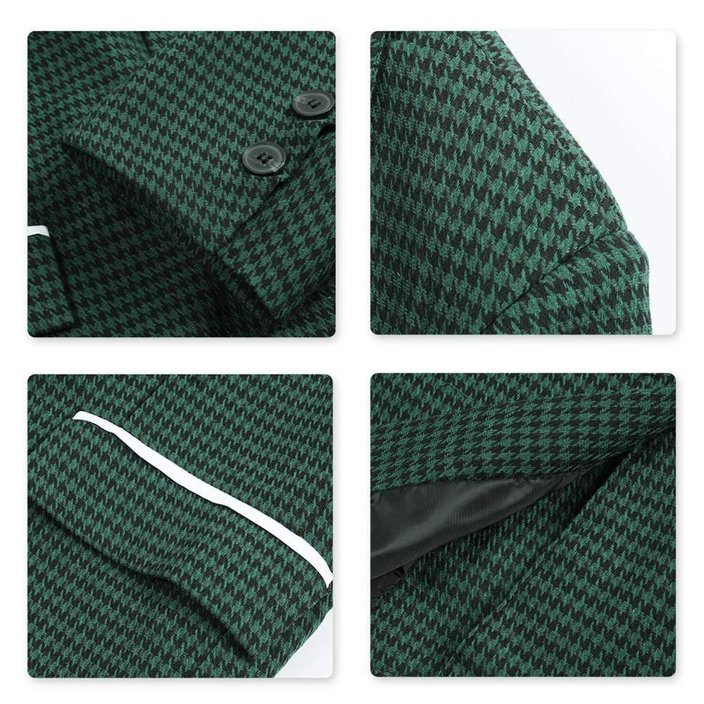 Mens Slim Fit Suit Single Breasted Wedding Suit Jacket Houndstooth Blazer Green