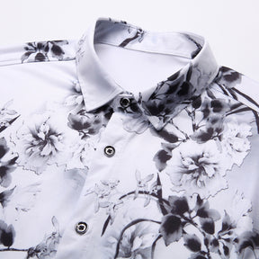 Trendy Men's Printed Short-Sleeve Floral Shirt Ink White