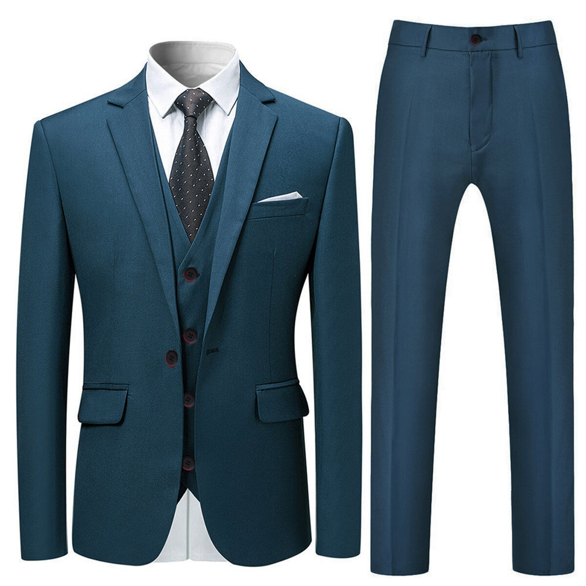 3-Piece Slim Fit Solid Color Jacket Smart Wedding Formal Suit Sea Blue - Cloudstyle