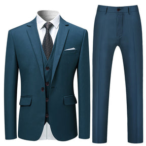 3-Piece Slim Fit Solid Color Jacket Smart Wedding Formal Suit Sea Blue