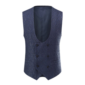 3-Piece Men's One Button Suit Shawl Collar Sequin Tuxedo Blue