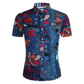 Stylish Men's Floral Print Collar Short Sleeve Shirt Blue