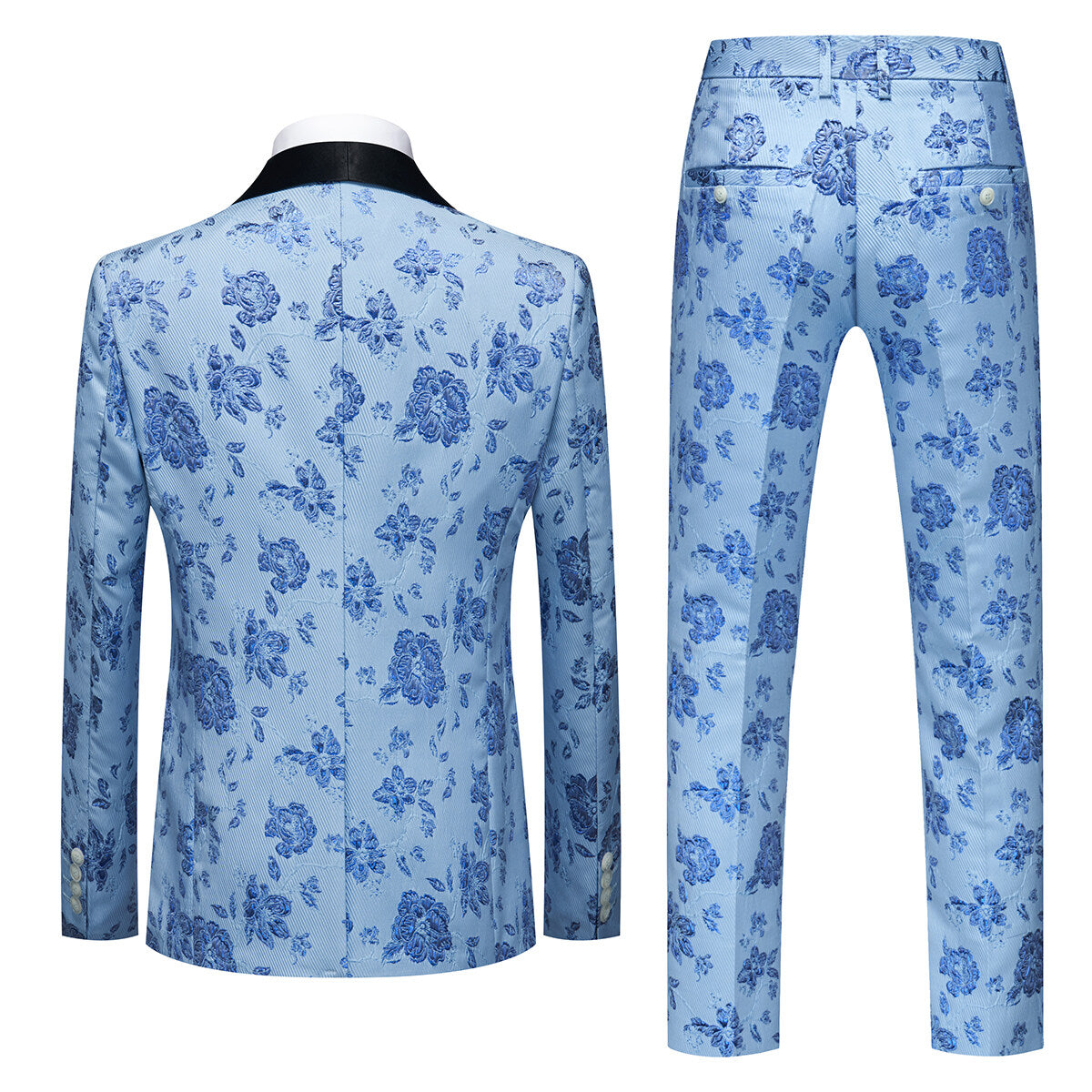 Men's Shawl Collar Print Suit 3-Piece Dress Suit Light Blue