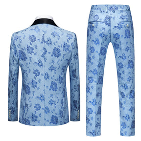 Men's Shawl Collar Print Suit 3-Piece Dress Suit Light Blue