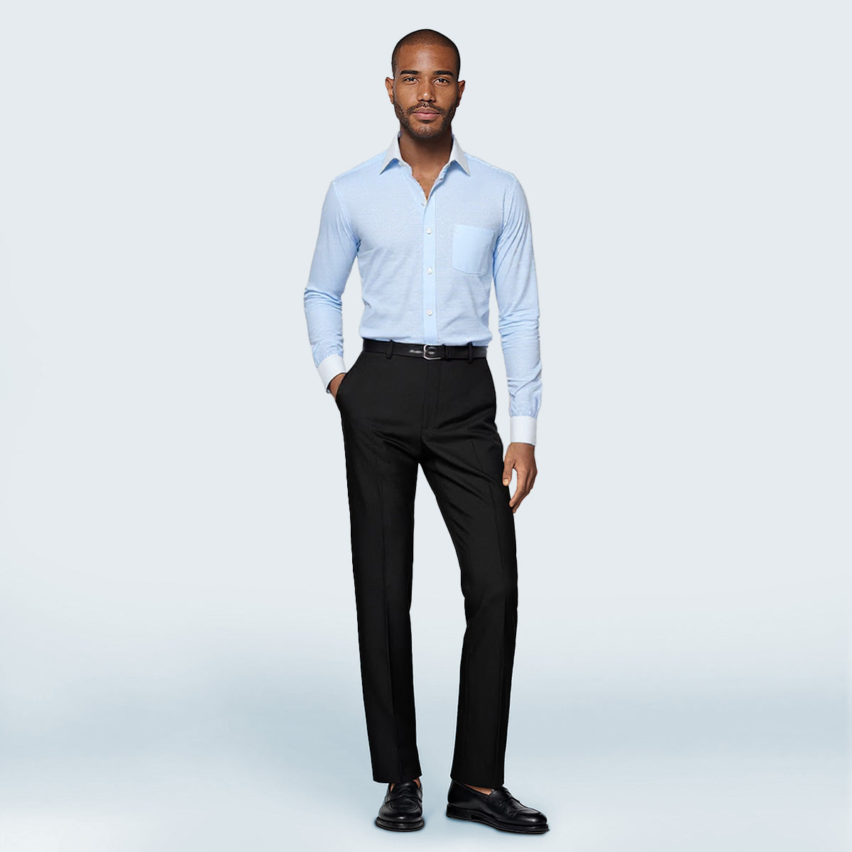 Men's Dress Shirt Slim Fit Button Down Stripe Checked Shirt Light Blue - Cloudstyle
