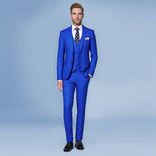 3-Piece Men's Solid 2-Button Suit Royal Blue - Cloudstyle
