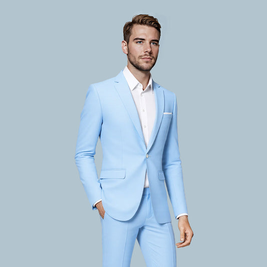 Sky Blue # Men's one-button casual blazer with flat collar and single-breasted closure, stylish solid sky blue sport coat jacket with premium polyester viscose blend fabric for daily business, office, wedding and party wear, isolated on white background.