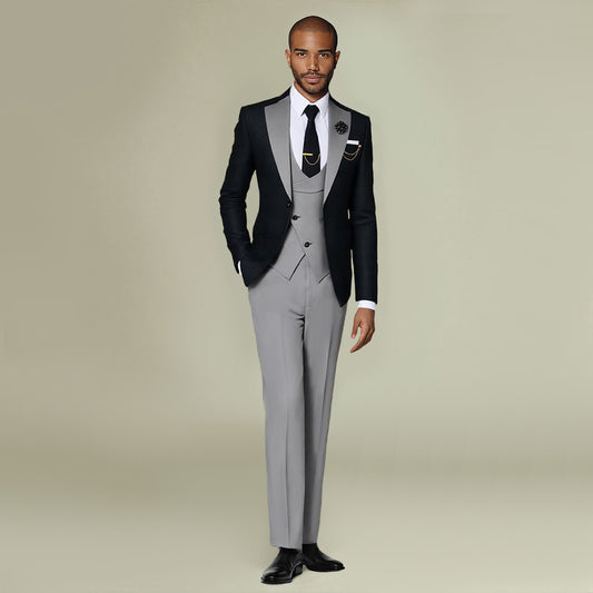 Men's 3-Piece Fashion One Button Color-Blocking Suit Grey - Cloudstyle